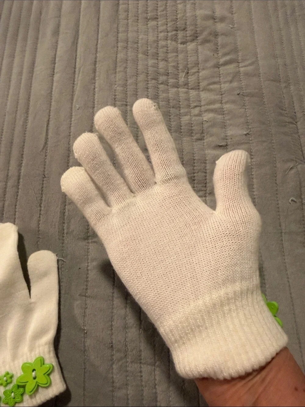 Kids White Gloves with Green Flower Accents